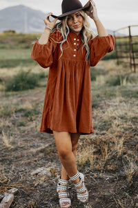Corduroy (Rust) 3/4 Bracelet Sleeve Mini Dress w/Pockets