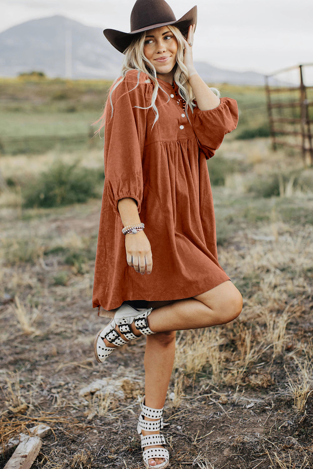 Corduroy (Rust) 3/4 Bracelet Sleeve Mini Dress w/Pockets