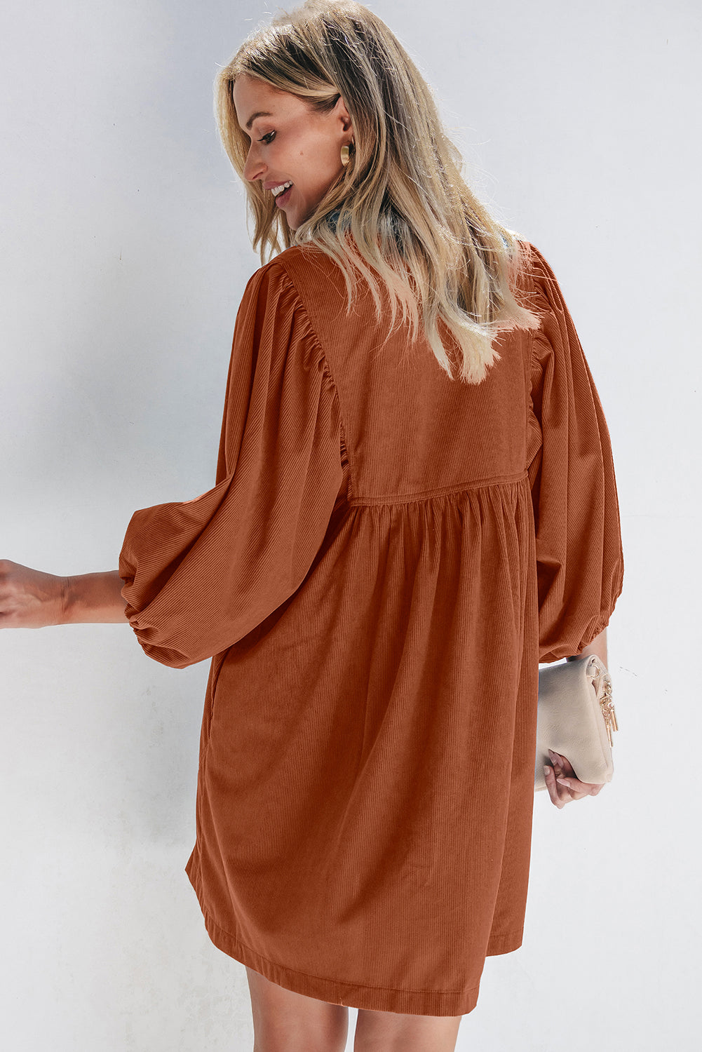 Corduroy (Rust) 3/4 Bracelet Sleeve Mini Dress w/Pockets