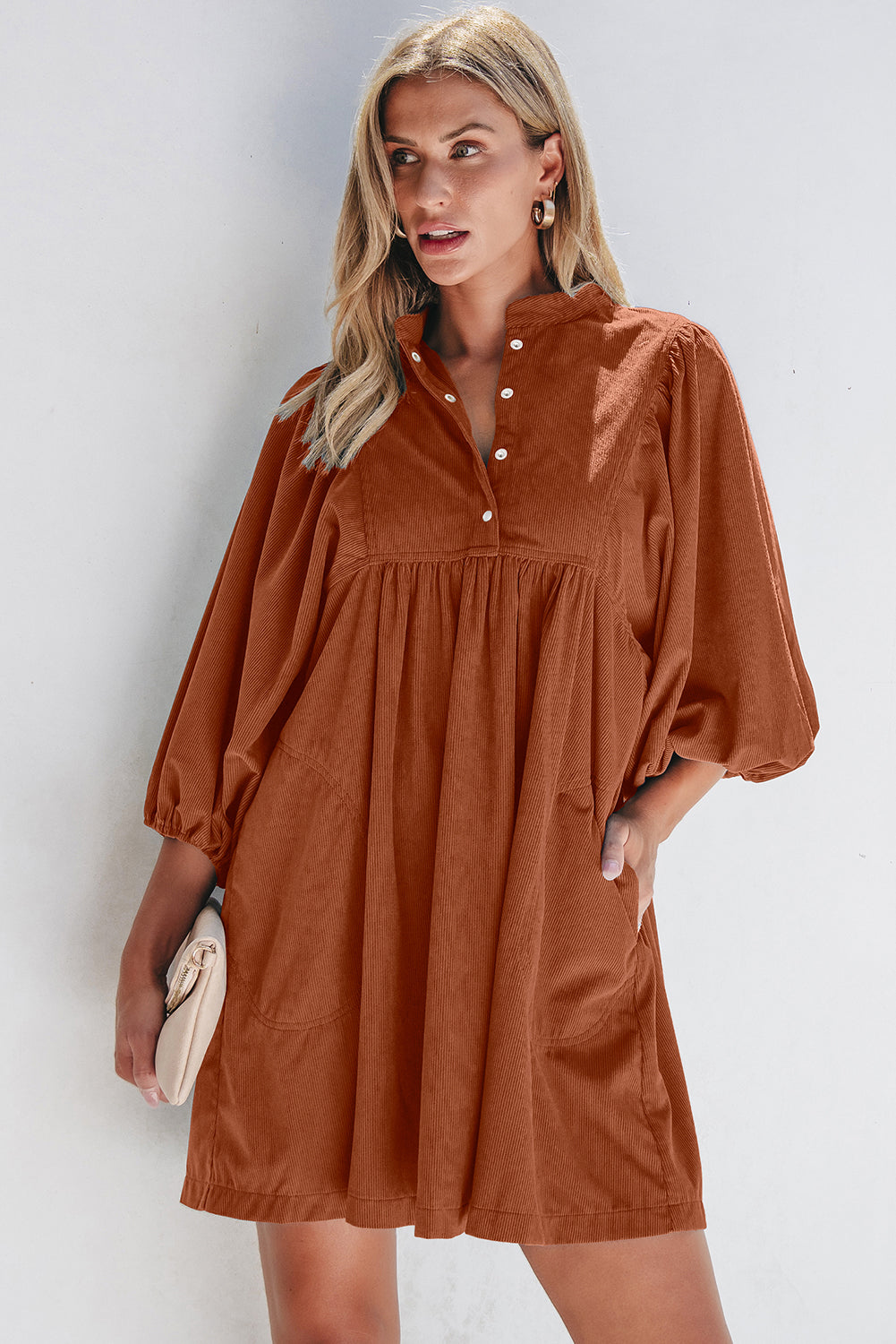Corduroy (Rust) 3/4 Bracelet Sleeve Mini Dress w/Pockets