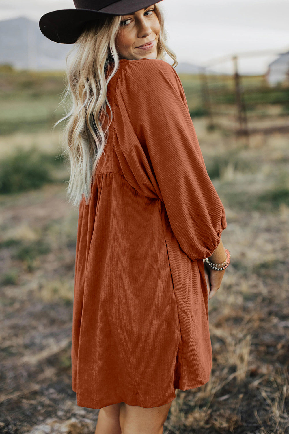 Corduroy (Rust) 3/4 Bracelet Sleeve Mini Dress w/Pockets