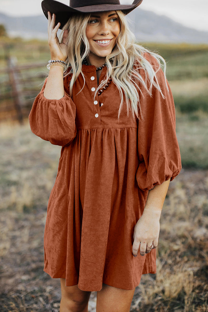 Corduroy (Rust) 3/4 Bracelet Sleeve Mini Dress w/Pockets