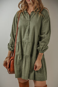 Puff Sleeve (Army Green) Tiered Long Sleeve Mini Dress - Viscose & Linen
