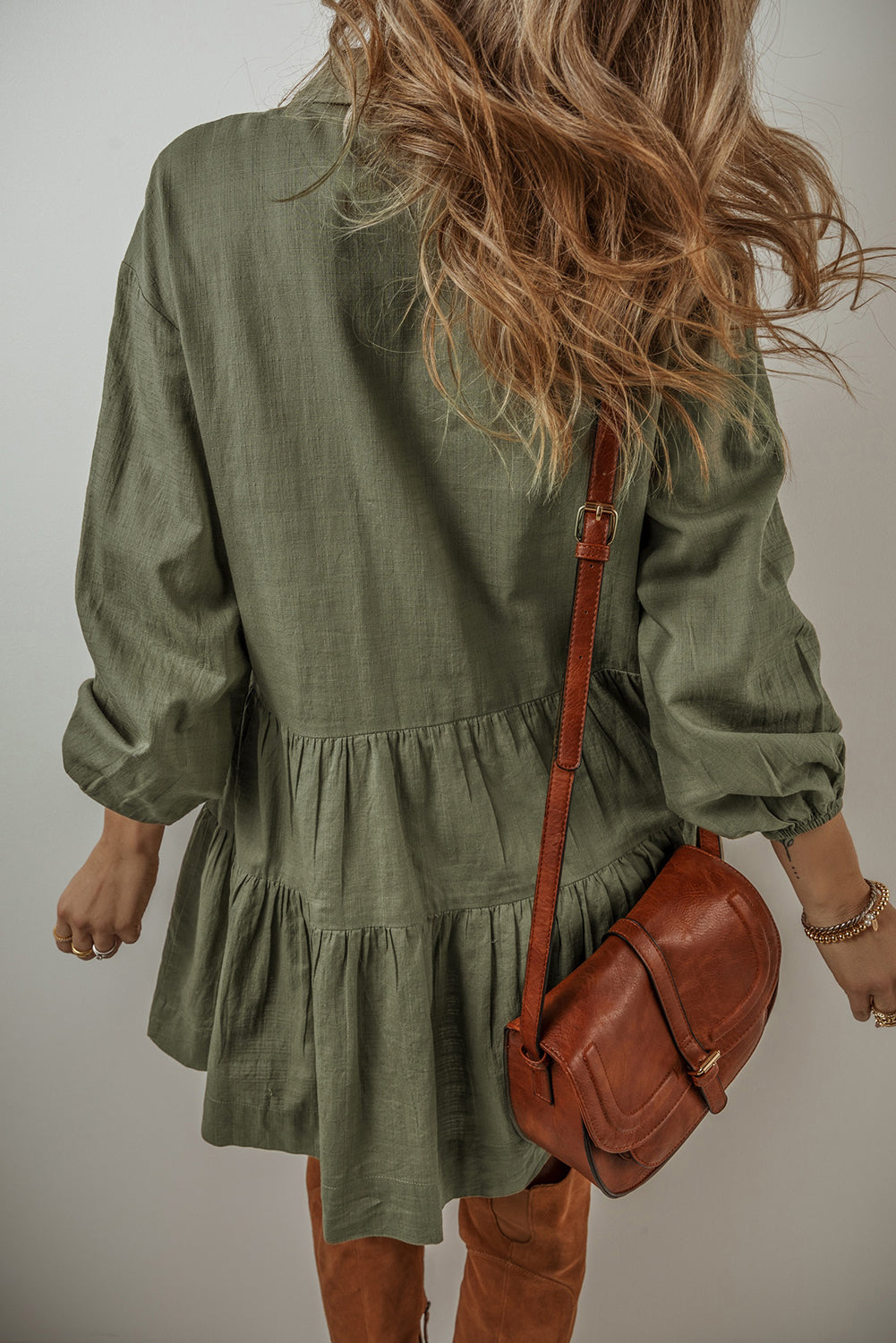 Puff Sleeve (Army Green) Tiered Long Sleeve Mini Dress - Viscose & Linen