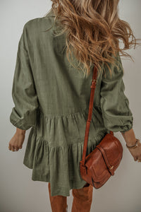 Puff Sleeve (Army Green) Tiered Long Sleeve Mini Dress - Viscose & Linen