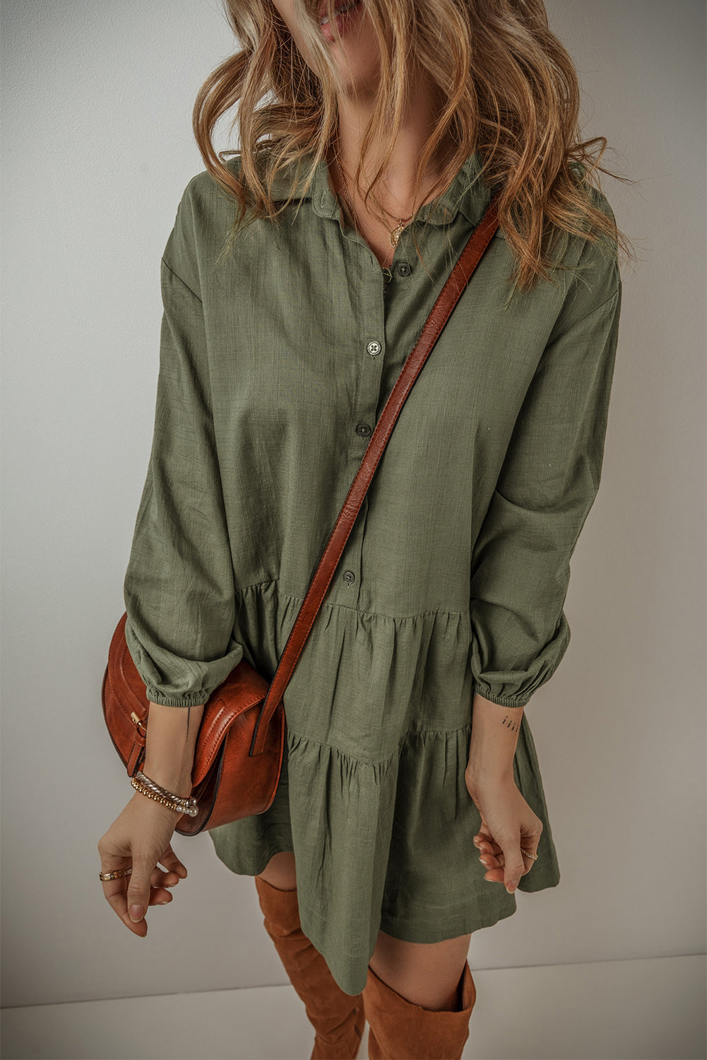 Puff Sleeve (Army Green) Tiered Long Sleeve Mini Dress - Viscose & Linen