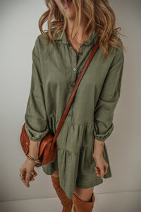 Puff Sleeve (Army Green) Tiered Long Sleeve Mini Dress - Viscose & Linen