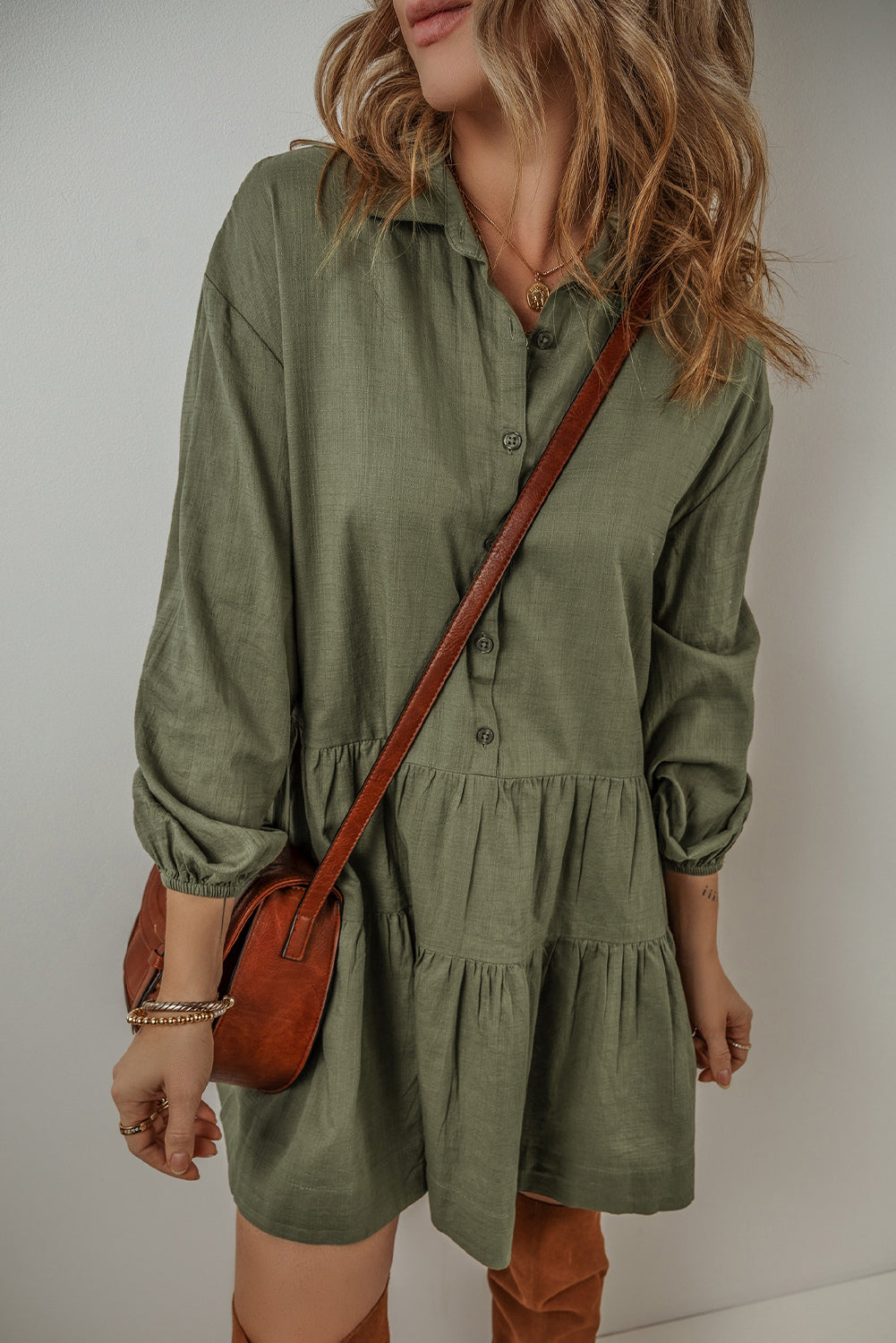 Puff Sleeve (Army Green) Tiered Long Sleeve Mini Dress - Viscose & Linen