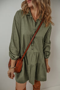 Puff Sleeve (Army Green) Tiered Long Sleeve Mini Dress - Viscose & Linen