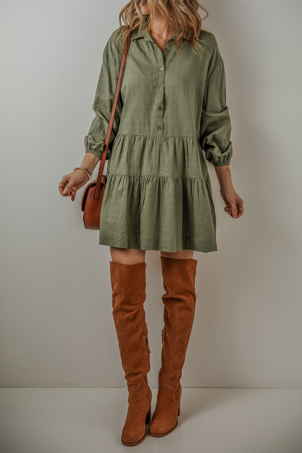 Puff Sleeve (Army Green) Tiered Long Sleeve Mini Dress - Viscose & Linen