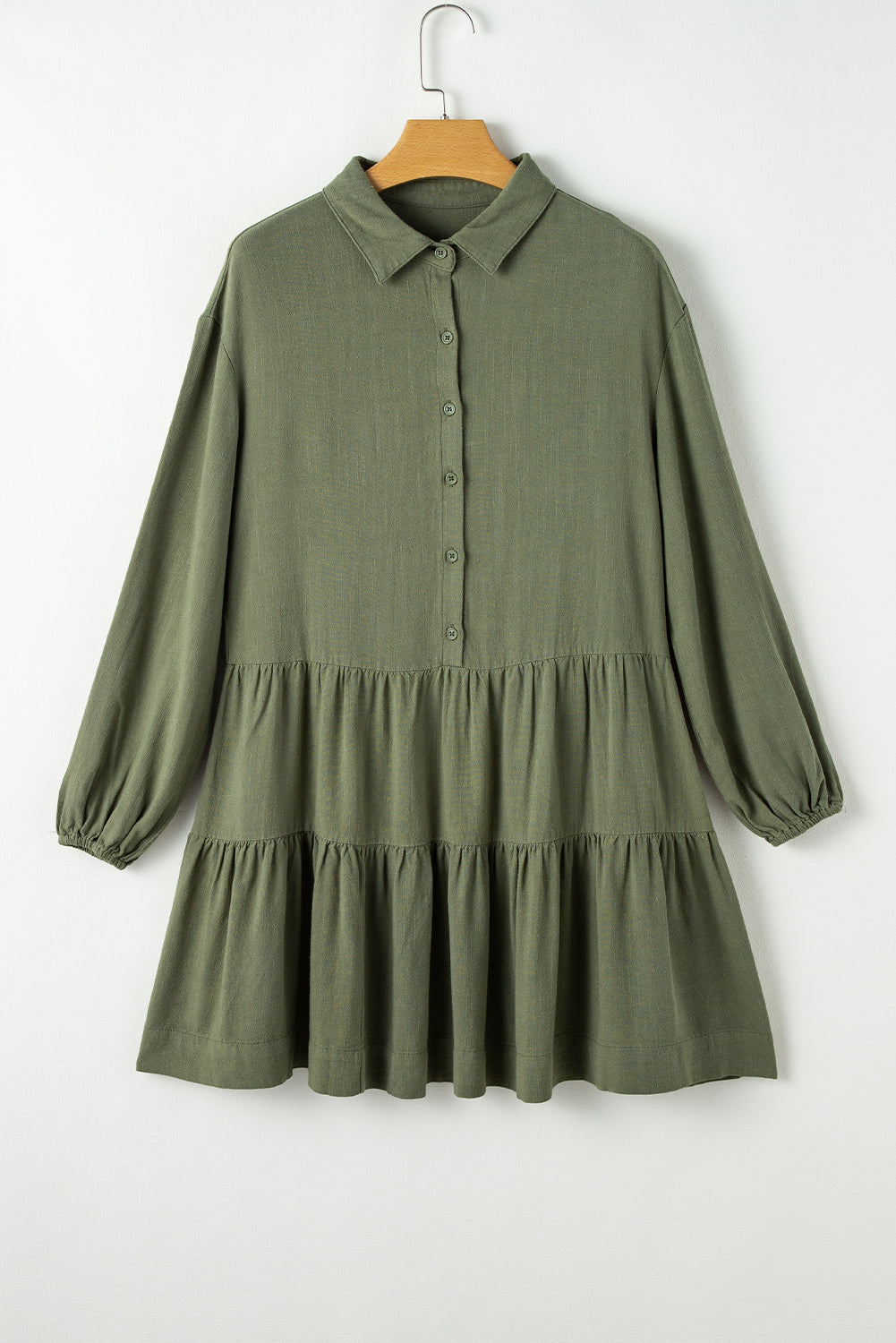 Puff Sleeve (Army Green) Tiered Long Sleeve Mini Dress - Viscose & Linen