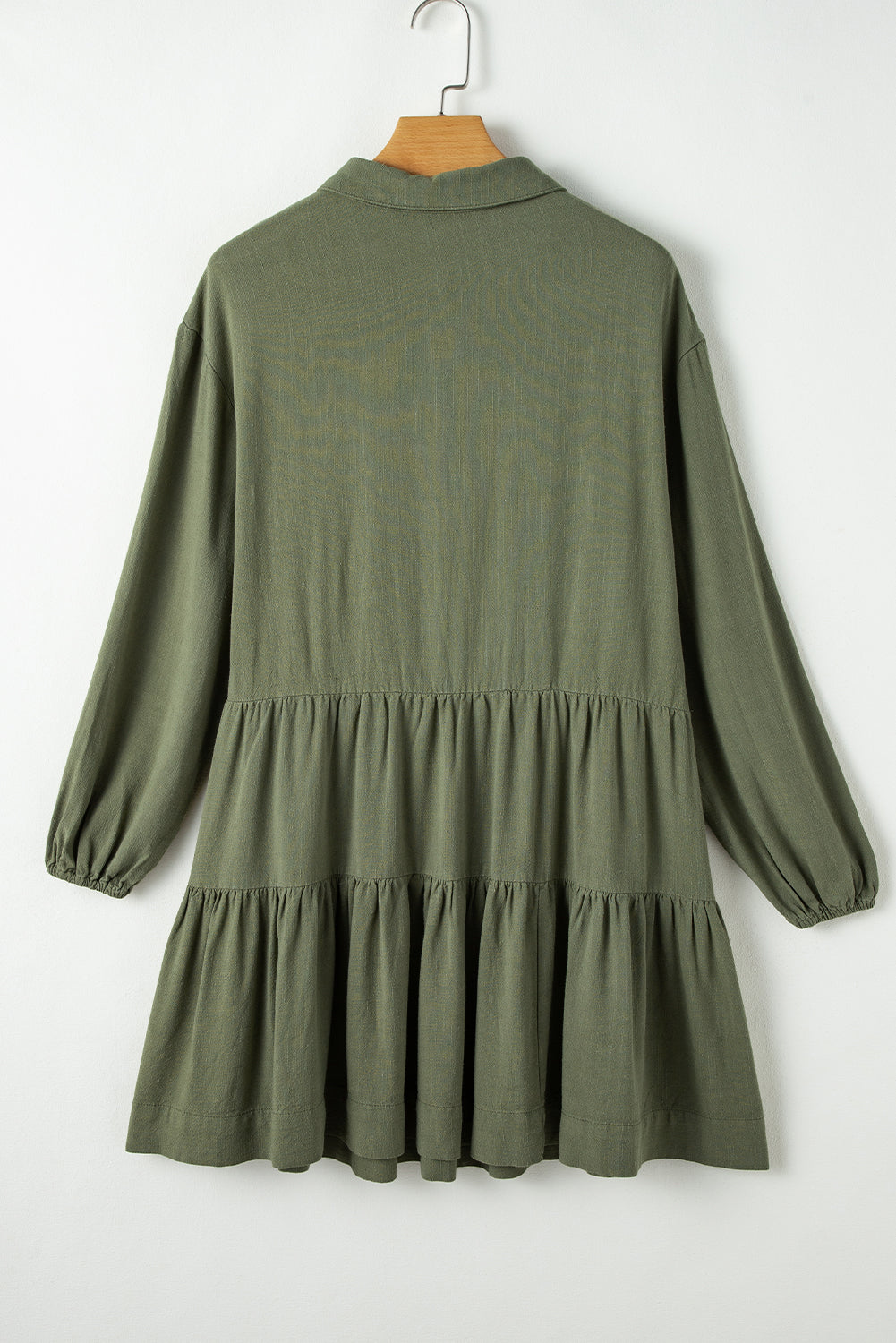 Puff Sleeve (Army Green) Tiered Long Sleeve Mini Dress - Viscose & Linen