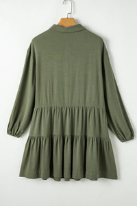 Puff Sleeve (Army Green) Tiered Long Sleeve Mini Dress - Viscose & Linen
