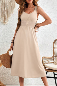 Soft Cream Smocked Waist Flare Midi Dress w/Pockets