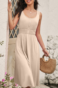 Soft Cream Smocked Waist Flare Midi Dress w/Pockets
