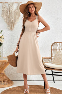 Soft Cream Smocked Waist Flare Midi Dress w/Pockets