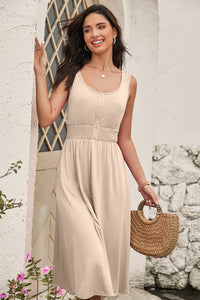 Soft Cream Smocked Waist Flare Midi Dress w/Pockets