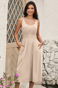 Soft Cream Smocked Waist Flare Midi Dress w/Pockets