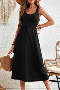 Black Smocked Waist Flare Midi Dress w/Pockets