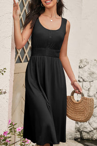 Black Smocked Waist Flare Midi Dress w/Pockets