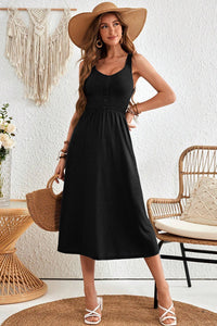 Black Smocked Waist Flare Midi Dress w/Pockets