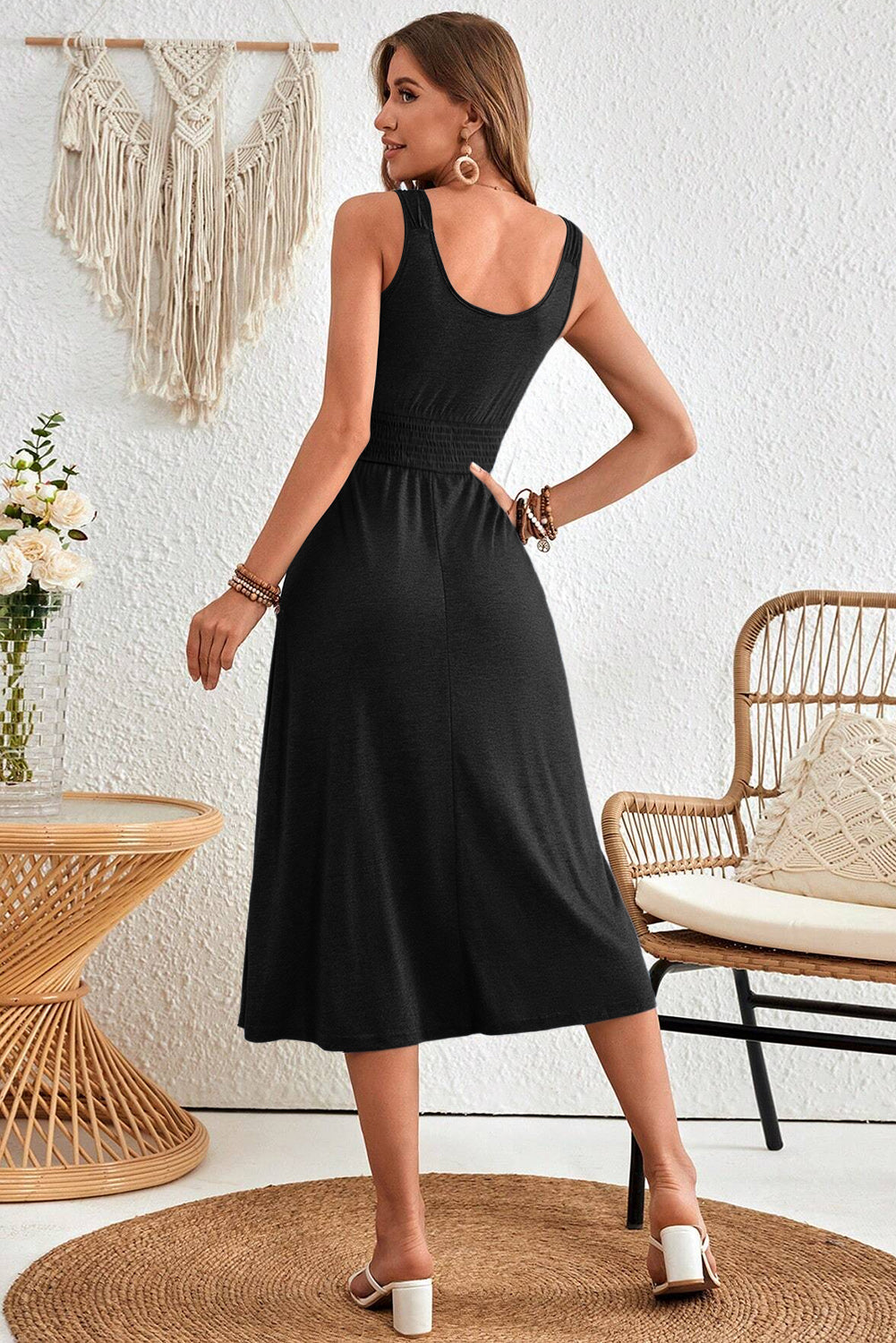Black Smocked Waist Flare Midi Dress w/Pockets