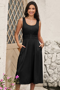 Black Smocked Waist Flare Midi Dress w/Pockets