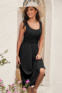Black Smocked Waist Flare Midi Dress w/Pockets