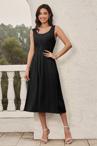 Black Smocked Waist Flare Midi Dress w/Pockets