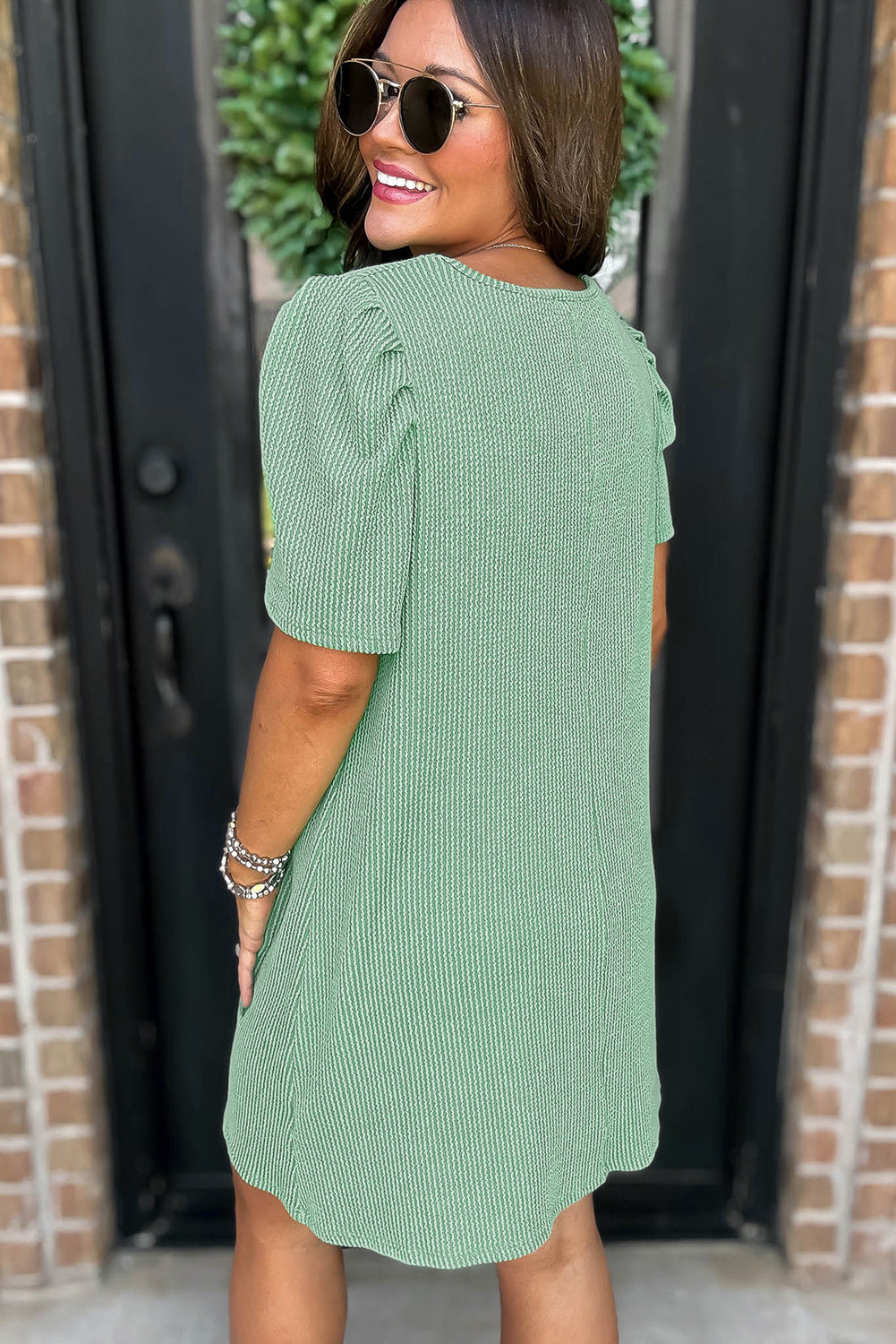 Light Green Ribbed Dress with Short Puff Sleeves and Pockets
