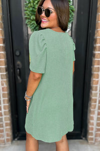 Light Green Ribbed Dress with Short Puff Sleeves and Pockets