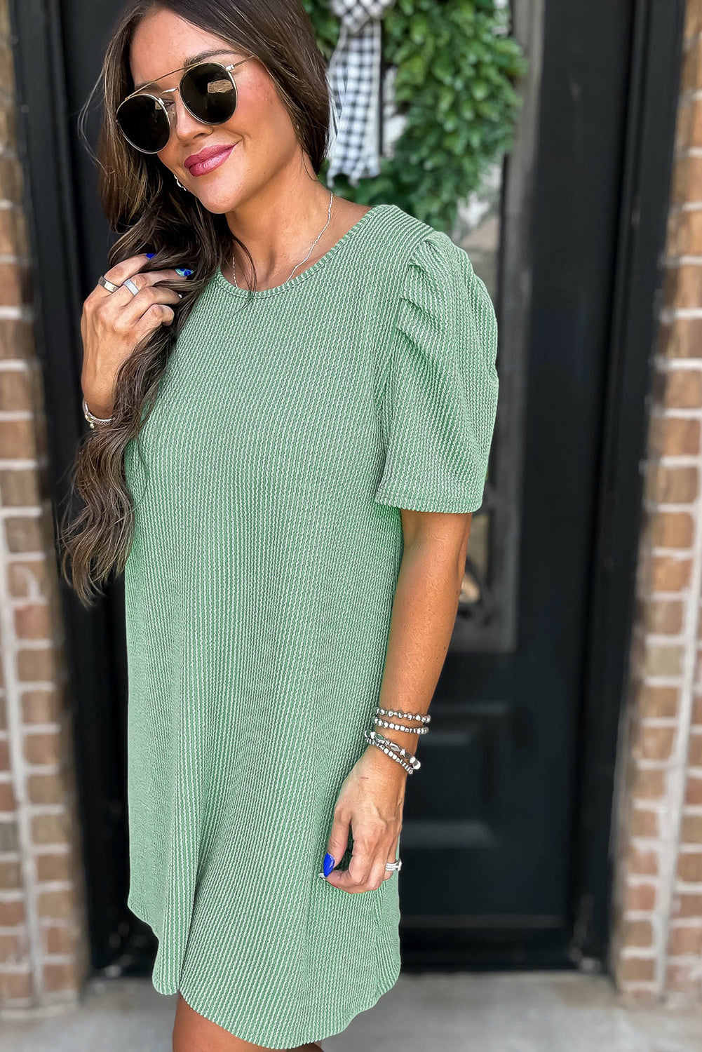 Light Green Ribbed Dress with Short Puff Sleeves and Pockets