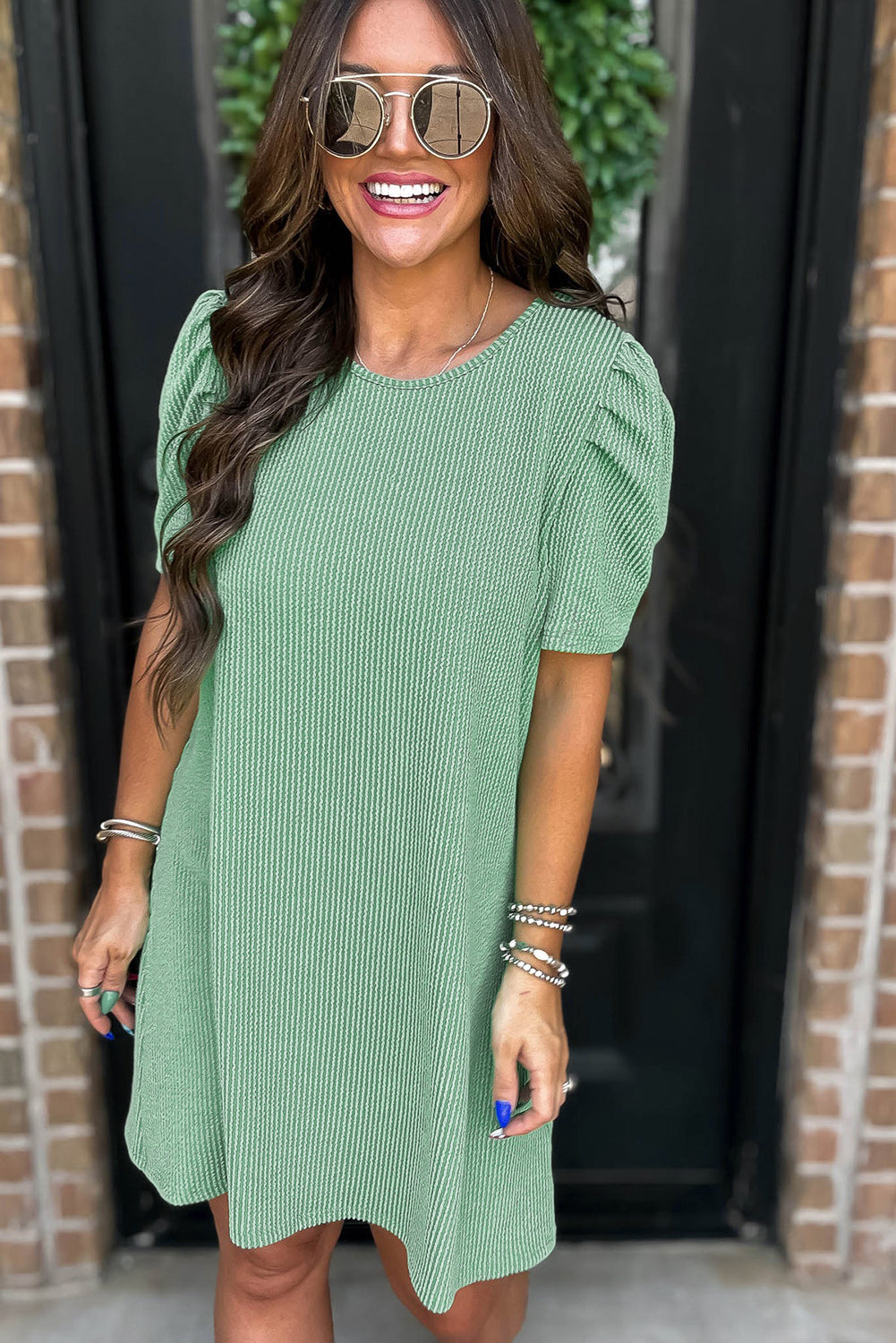 Light Green Ribbed Dress with Short Puff Sleeves and Pockets