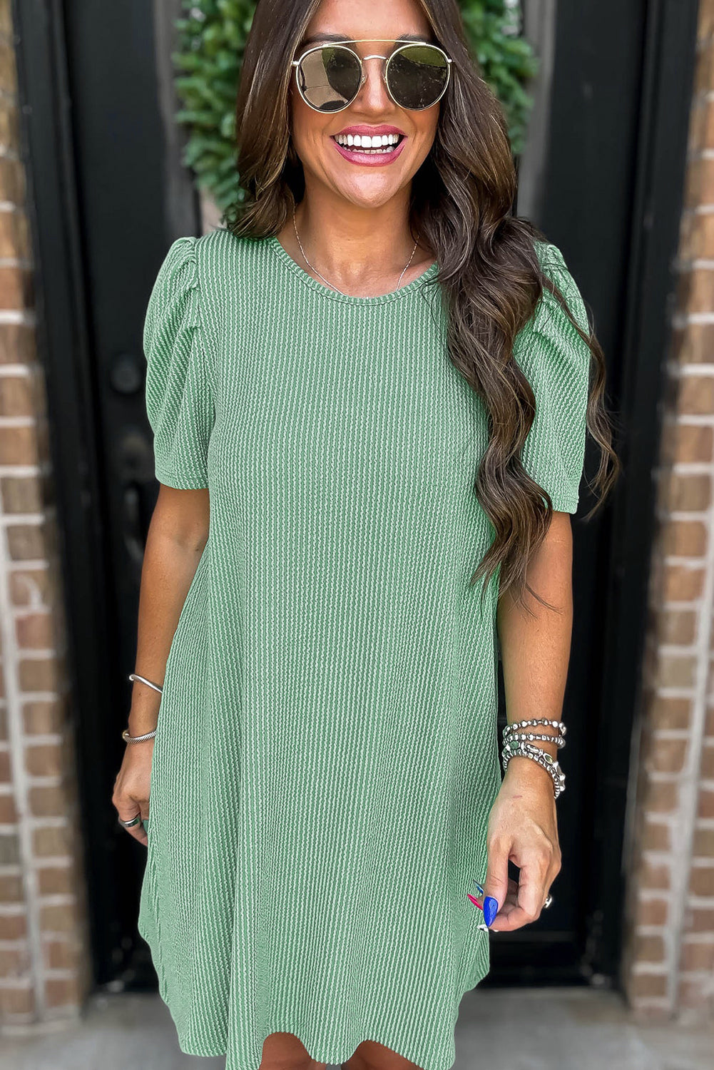 Light Green Ribbed Dress with Short Puff Sleeves and Pockets