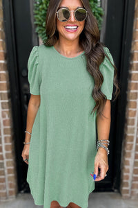 Light Green Ribbed Dress with Short Puff Sleeves and Pockets