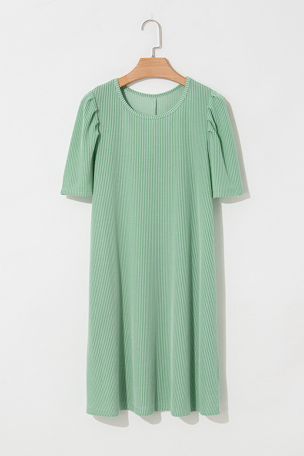 Light Green Ribbed Dress with Short Puff Sleeves and Pockets