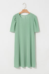 Light Green Ribbed Dress with Short Puff Sleeves and Pockets