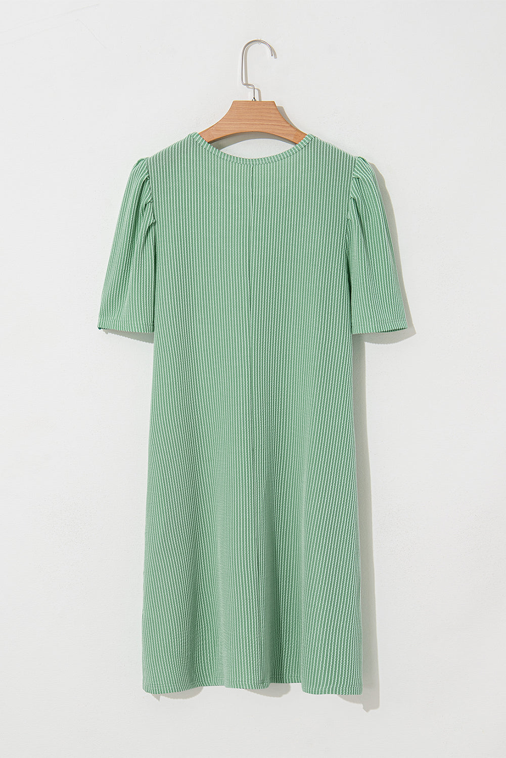 Light Green Ribbed Dress with Short Puff Sleeves and Pockets