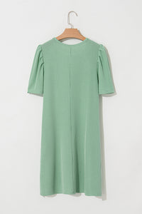 Light Green Ribbed Dress with Short Puff Sleeves and Pockets