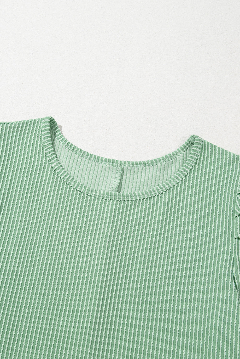 Light Green Ribbed Dress with Short Puff Sleeves and Pockets