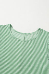 Light Green Ribbed Dress with Short Puff Sleeves and Pockets