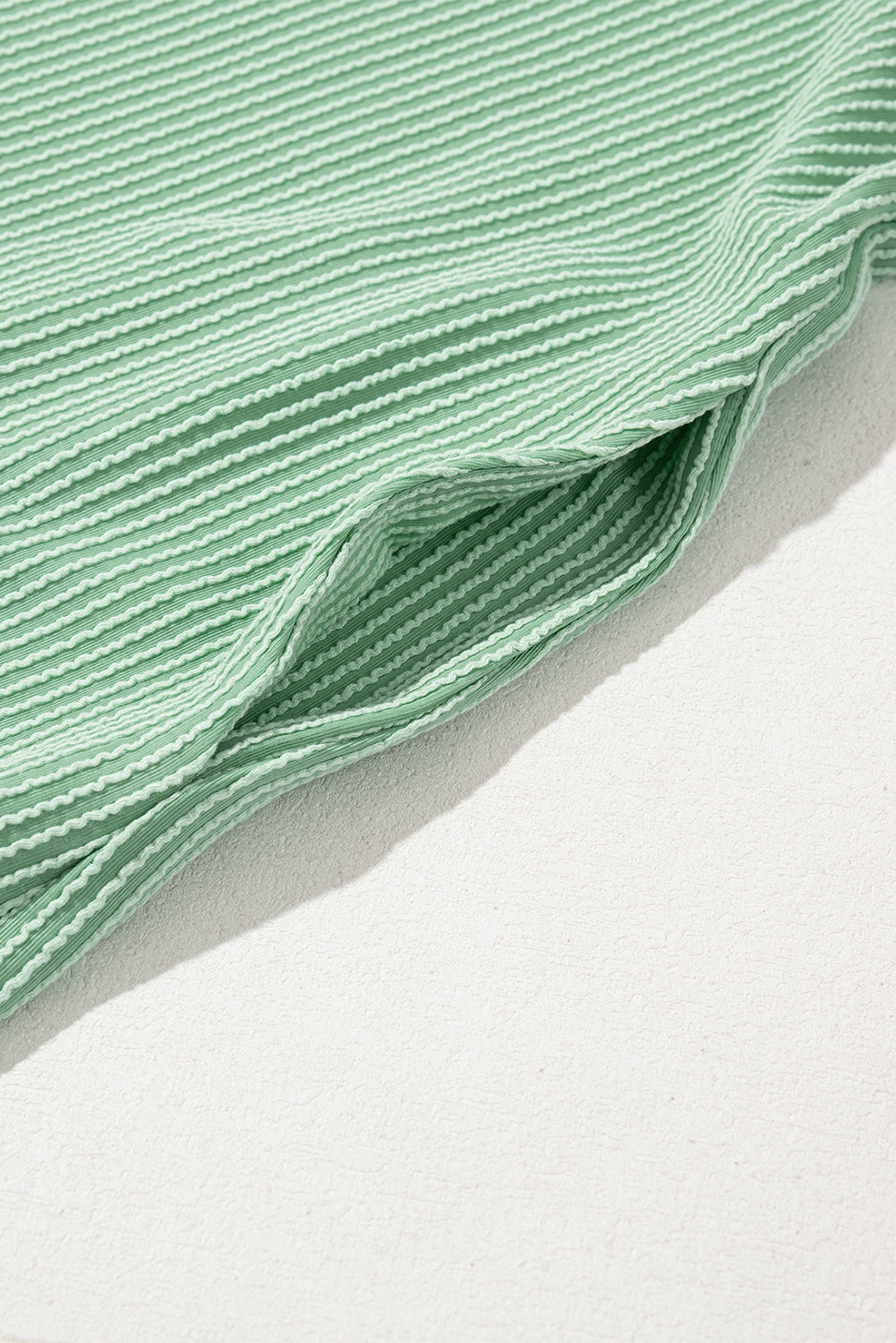 Light Green Ribbed Dress with Short Puff Sleeves and Pockets