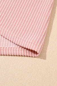 Light Pink Ribbed Dress with Short Puff Sleeves and Pockets