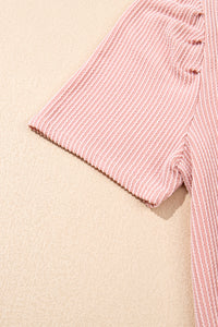 Light Pink Ribbed Dress with Short Puff Sleeves and Pockets
