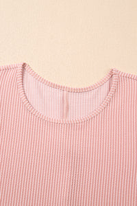 Light Pink Ribbed Dress with Short Puff Sleeves and Pockets