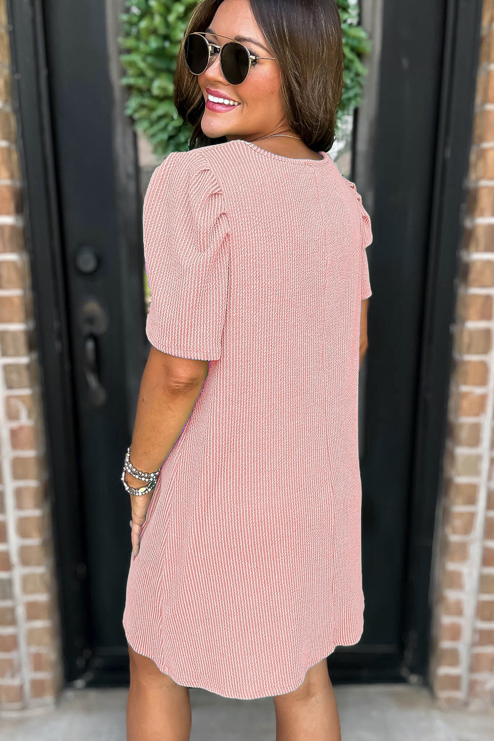 Light Pink Ribbed Dress with Short Puff Sleeves and Pockets