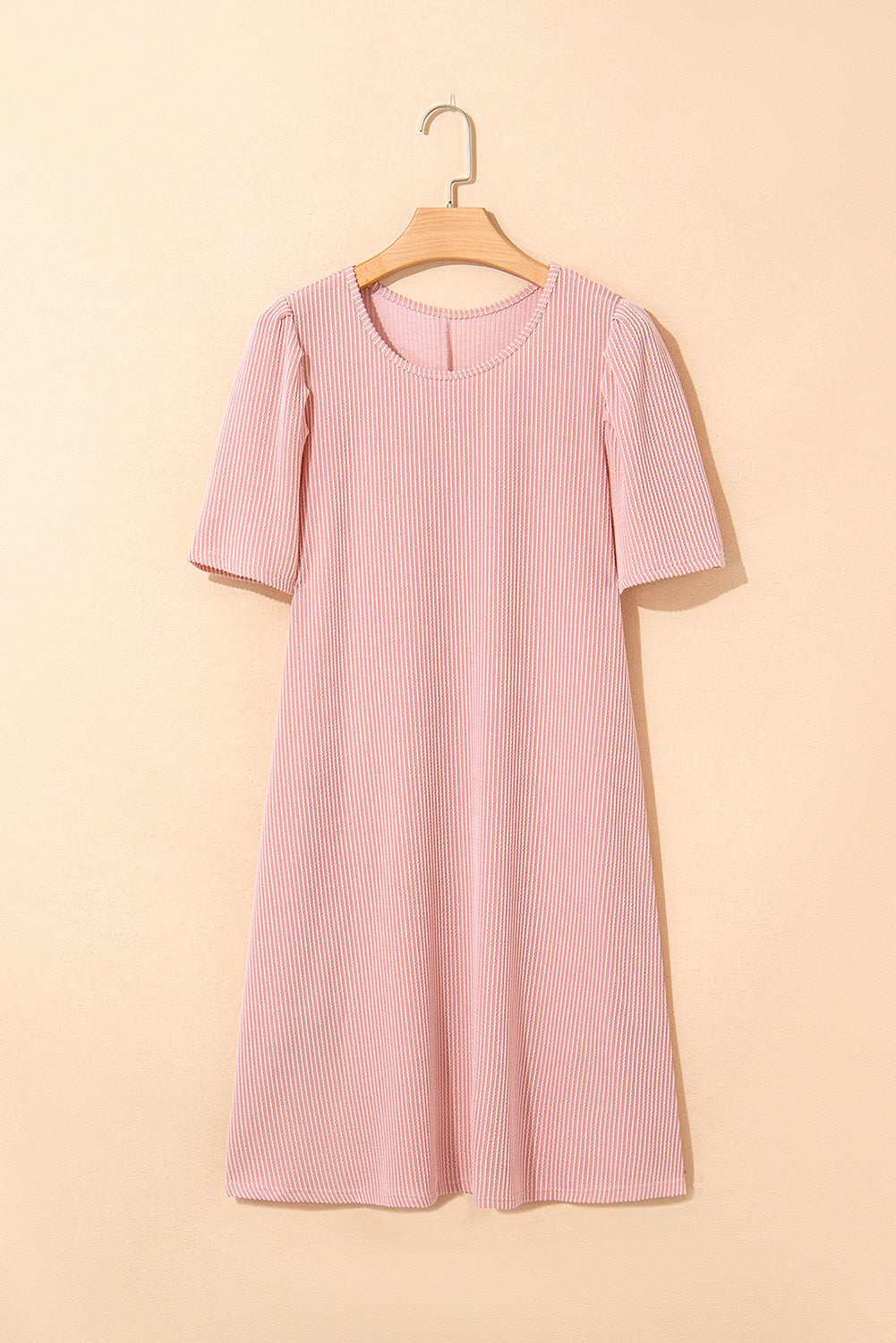 Light Pink Ribbed Dress with Short Puff Sleeves and Pockets