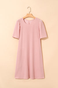 Light Pink Ribbed Dress with Short Puff Sleeves and Pockets