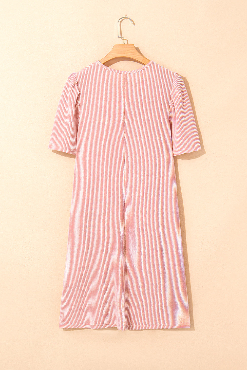 Light Pink Ribbed Dress with Short Puff Sleeves and Pockets