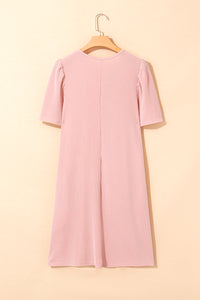 Light Pink Ribbed Dress with Short Puff Sleeves and Pockets